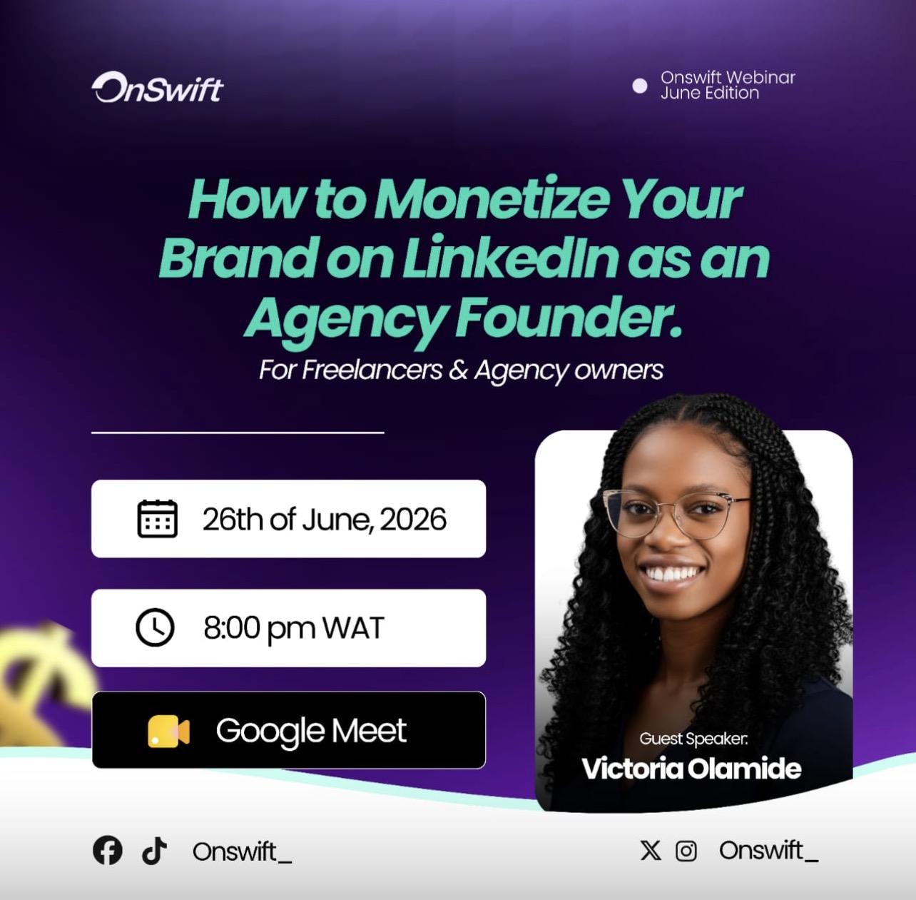 Victoria Olamide as guest speaker on the OnSwift webinar on brand monetization for agency founders